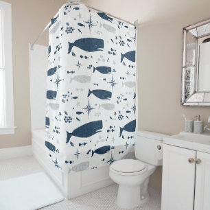 SPERM WHALE WHITE BLUE WITH TEXTURE SHOWER CURTAIN