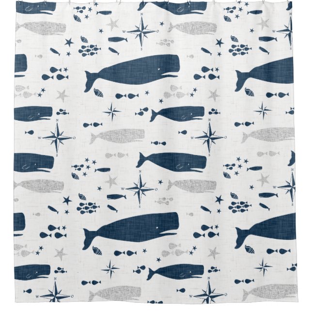 SPERM WHALE WHITE BLUE WITH TEXTURE SHOWER CURTAIN (Front)