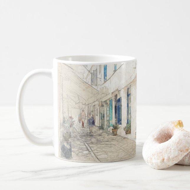 Spetses Greece Traditional Streets Coffee Mug  (With Donut)