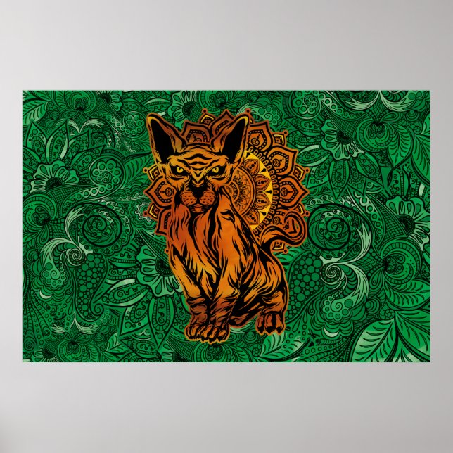 Sphinx Cat Tattoo concept art with a Mandala Back. Poster (Front)