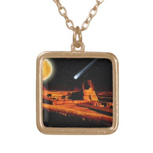 Sphinx  Moon over Egyptian Giza Pyramids Art Gift Gold Plated Necklace