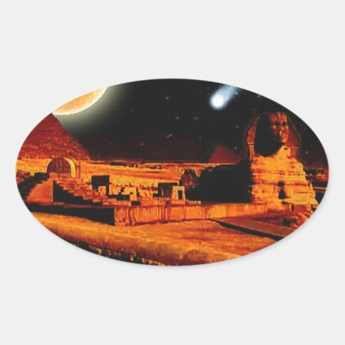 Sphinx  Moon over Egyptian Giza Pyramids Art Gift Oval Sticker