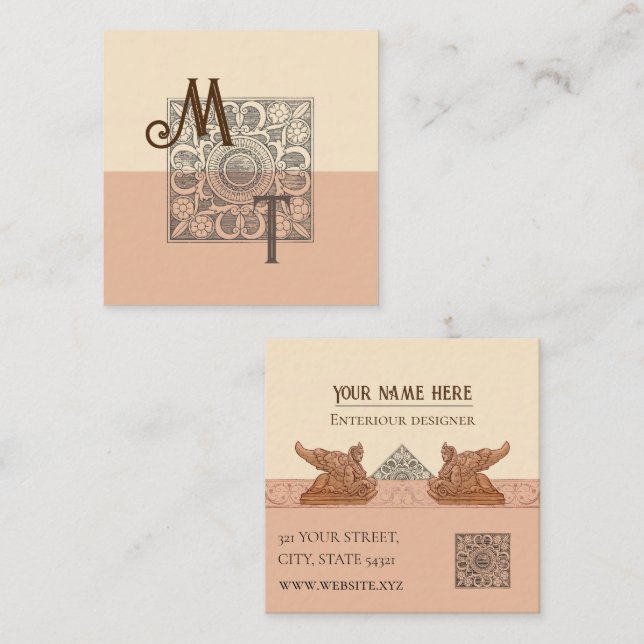 Sphinx renaissance baroque beige square business card (Front/Back)