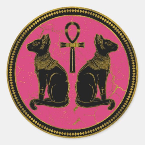 Sphynx Black  Gold Egyptian  cat on fuchsia Classic Round Sticker