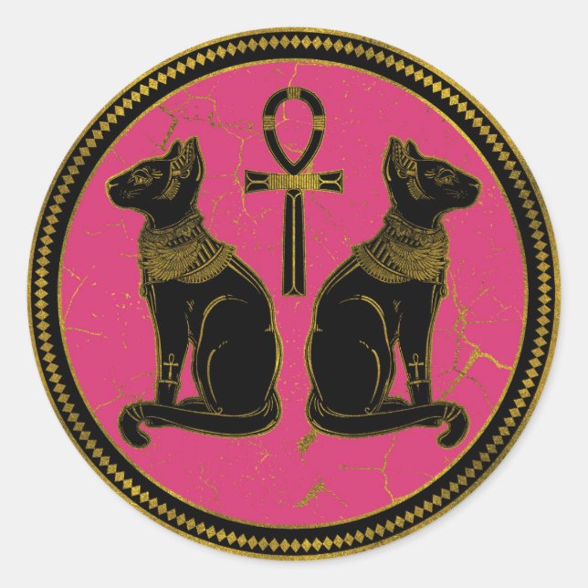Sphynx Black & Gold Egyptian  cat on fuchsia Classic Round Sticker (Front)