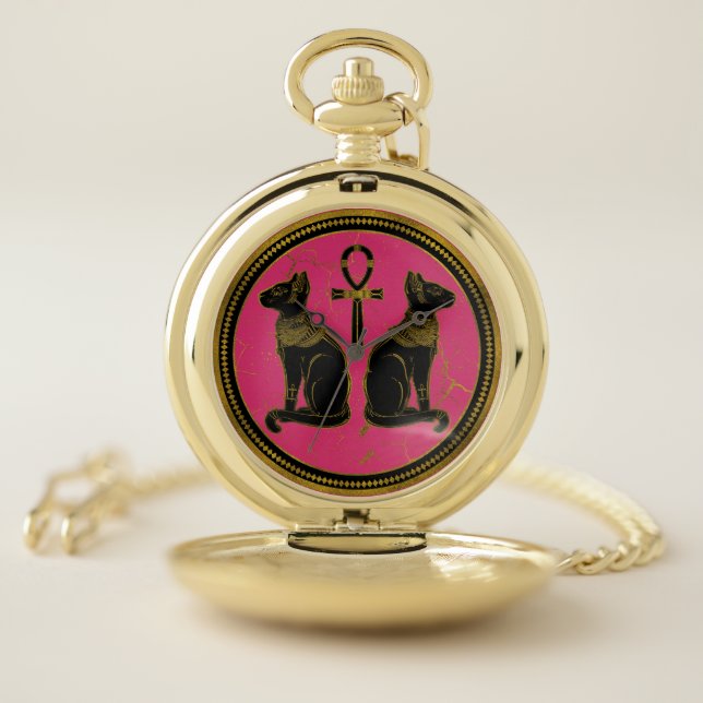 Sphynx Black & Gold Egyptian  cat on fuchsia Pocket Watch (Inside)