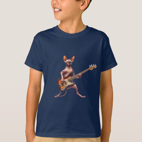 Sphynx Cat Art Playing Bass Guitar Boys T_shirt 