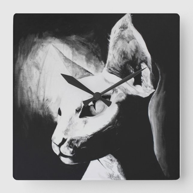 Sphynx Cat Black White Contrast Hairless Kitty Art Square Wall Clock (Front)