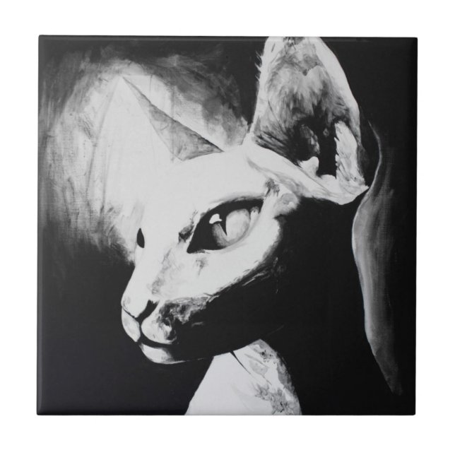 Sphynx Cat Black White Contrast Kitty Portrait Art Tile (Front)