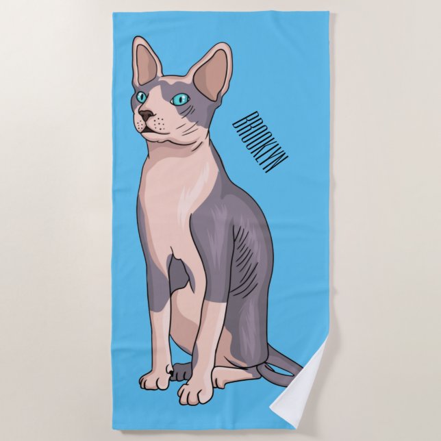 Sphynx cat cartoon illustration  beach towel (Front)