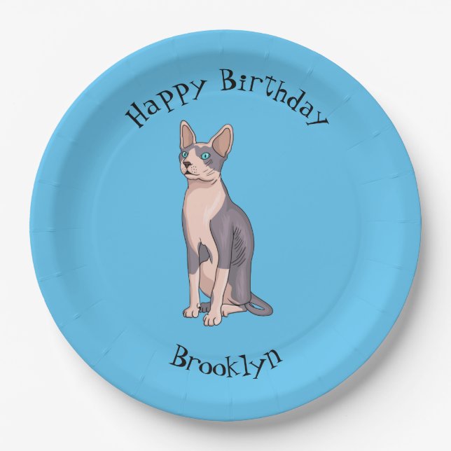Sphynx cat cartoon illustration paper plates (Front)