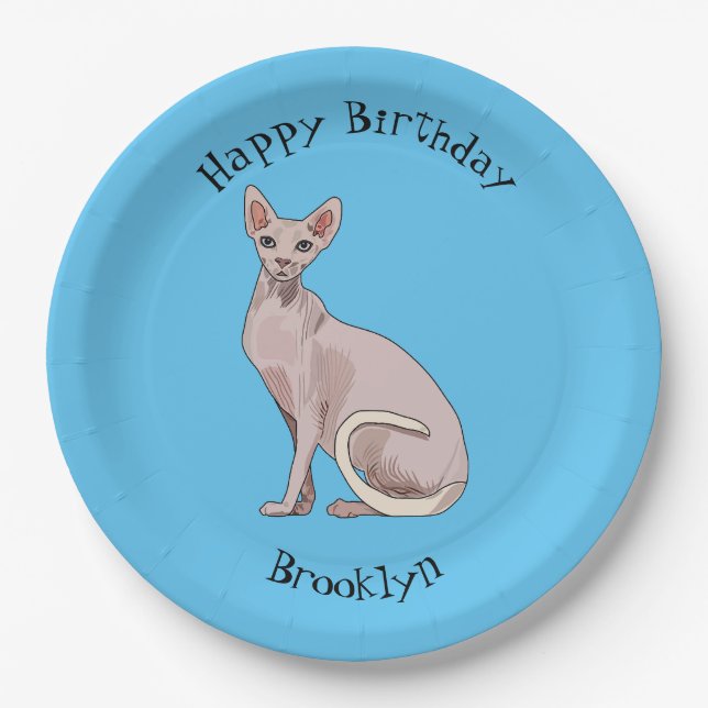 Sphynx cat cartoon illustration paper plates (Front)