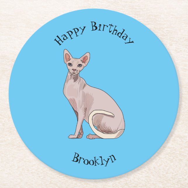 Sphynx cat cartoon illustration round paper coaster (Front)