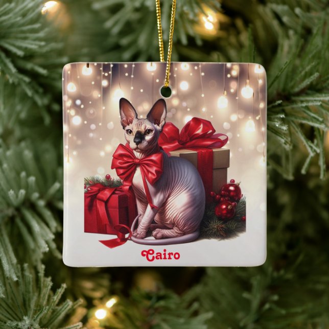 Sphynx Cat Christmas Ceramic Ornament (Tree)