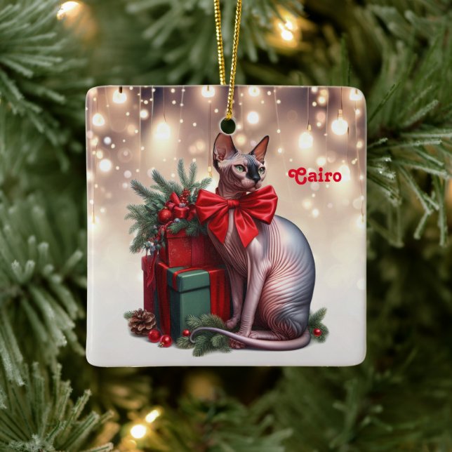 Sphynx Cat Christmas Ceramic Ornament (Tree)