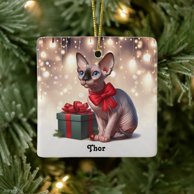 Sphynx Cat Christmas Ceramic Ornament (Tree)