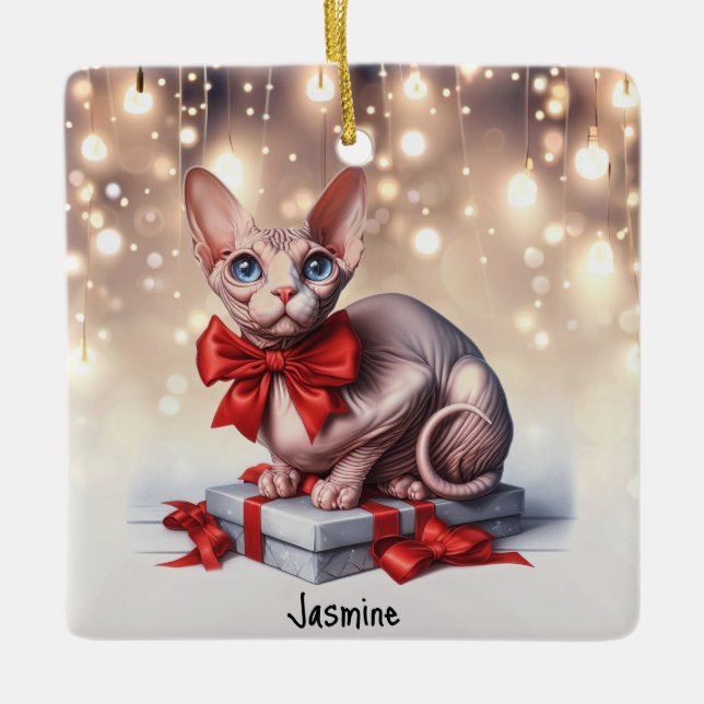 Sphynx Cat Christmas Ceramic Ornament (Front)