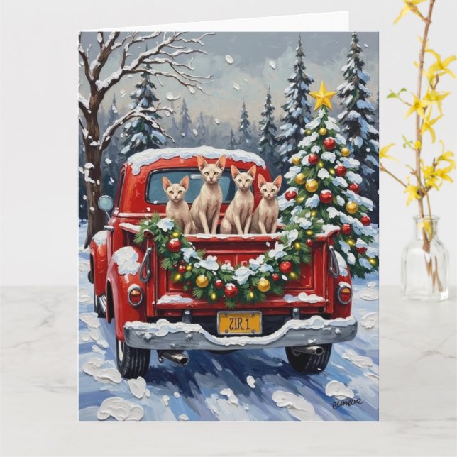 Sphynx Cat Christmas Red Truck Holiday Card (Yellow Flower)