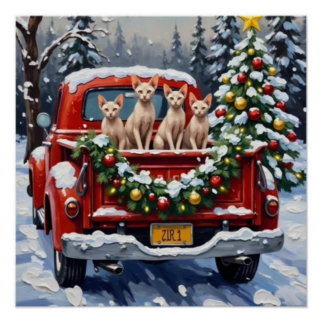 Sphynx Cat Christmas Red Truck Holiday Poster (Front)