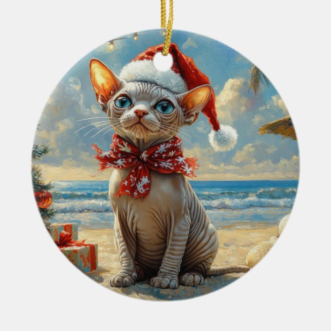 Sphynx Cat Christmas Vintage Beach  Ceramic Ornament (Front)