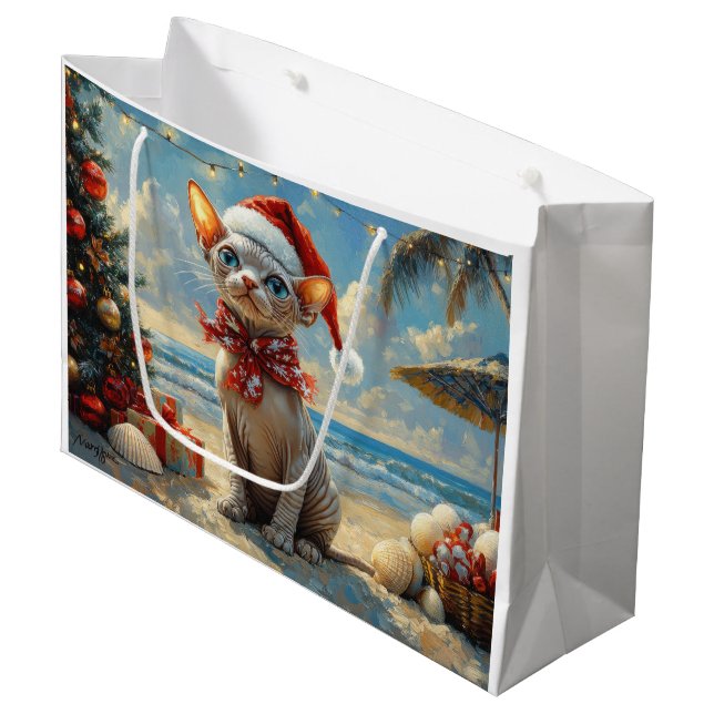 Sphynx Cat Christmas Vintage Beach  Large Gift Bag (Front Angled)