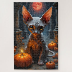 Sphynx Cat Dark Gothic Halloween Portrait Art Jigsaw Puzzle