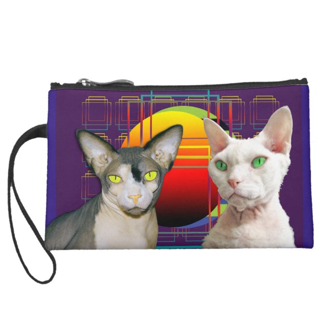 Sphynx Cat Devon Rex Cat Retro Purple Suede Wristlet Wallet (Back)