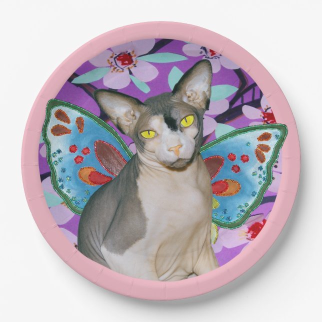 Sphynx Cat Fairy Angel Floral Art Craft Party Paper Plates (Front)