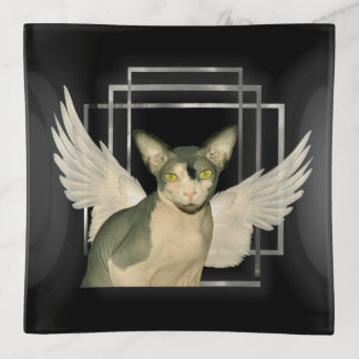 Sphynx Cat Fairy Angel Wings Geometric Art Deco Trinket Tray