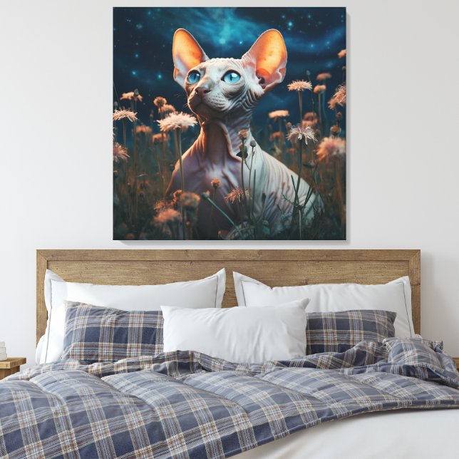 Sphynx Cat Gazing Sky – Vibrant Floral Art Canvas Print (Insitu(Bedroom))