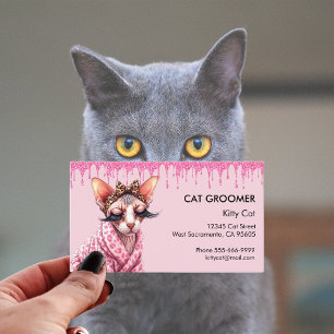 Sphynx Cat Groomer Sitter Pink Glitter Dripping Business Card