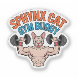 Sphynx Cat Gym Buddy Muscular Cartoon Art Sticker