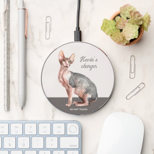 Sphynx cat hairless cat illustration custom name w wireless charger 