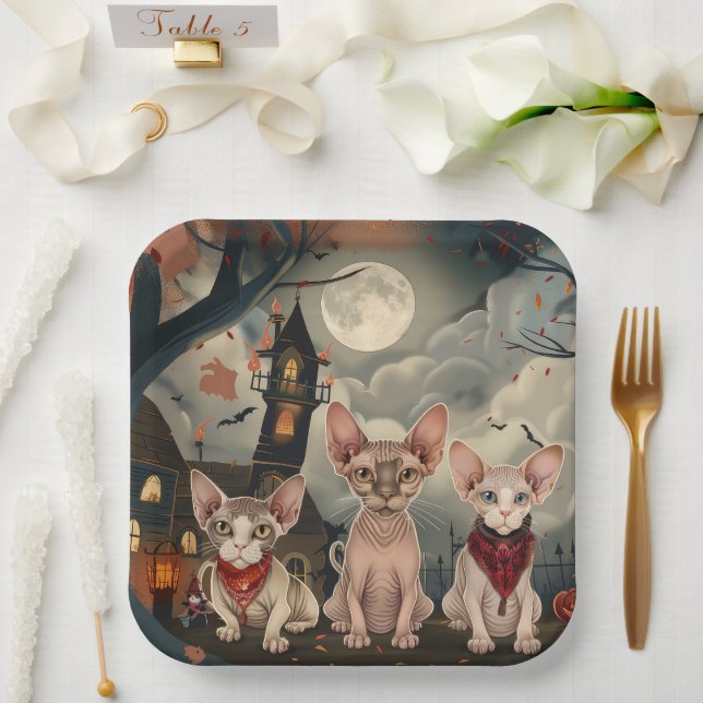 Sphynx Cat Halloween Spooky Paper Plates (Wedding)