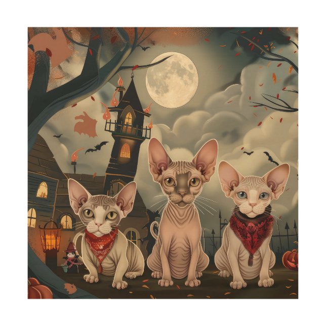 Sphynx Cat Halloween Spooky Wood Wall Art (Front)