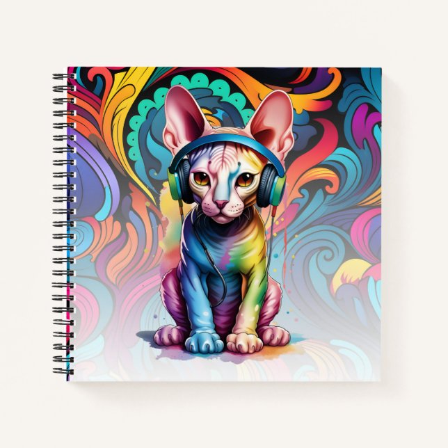 Sphynx Cat Headphones Music Rainbow Notebook (Front)