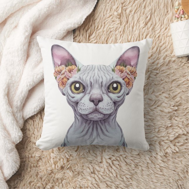 Sphynx Cat Hearing Flowers  Throw Pillow (Blanket)