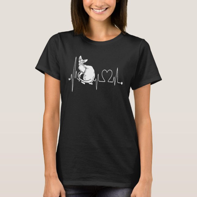 Sphynx Cat Heartbeat I Love My Hairless Cats T-Shirt (Front)