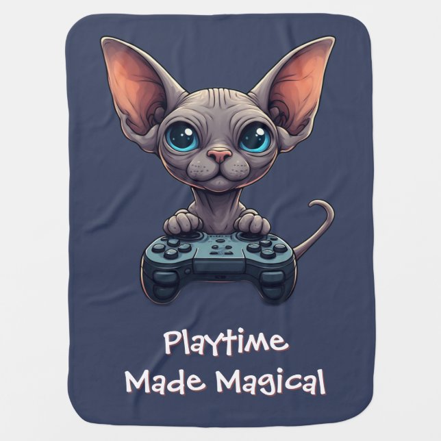 Sphynx Cat Holding Game Controller Baby Blanket (Front)
