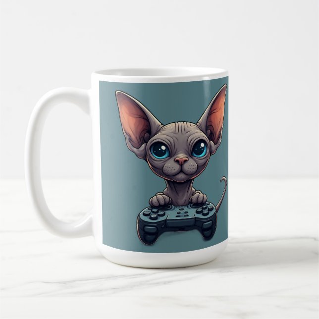 Sphynx Cat Holding Game Controller Coffee Mug (Left)