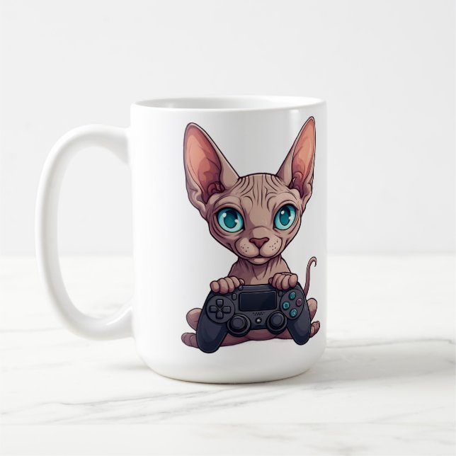 Sphynx Cat Holding Game Controller Coffee Mug (Left)