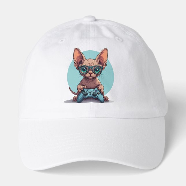 Sphynx Cat Holding Game Controller Hat (Front)