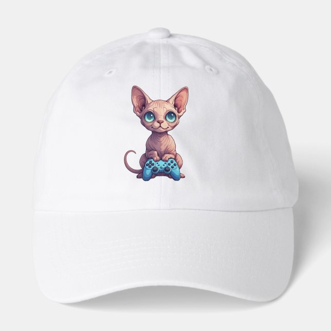 Sphynx Cat Holding Game Controller Hat (Front)