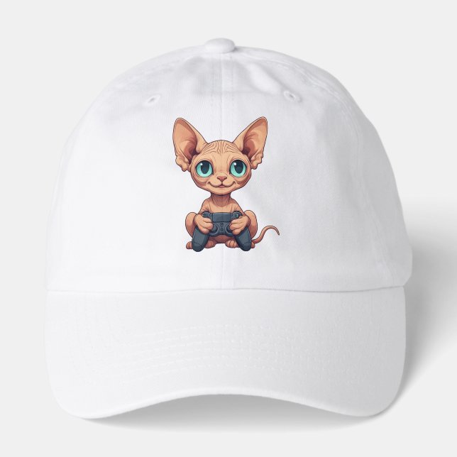 Sphynx Cat Holding Game Controller Hat (Front)