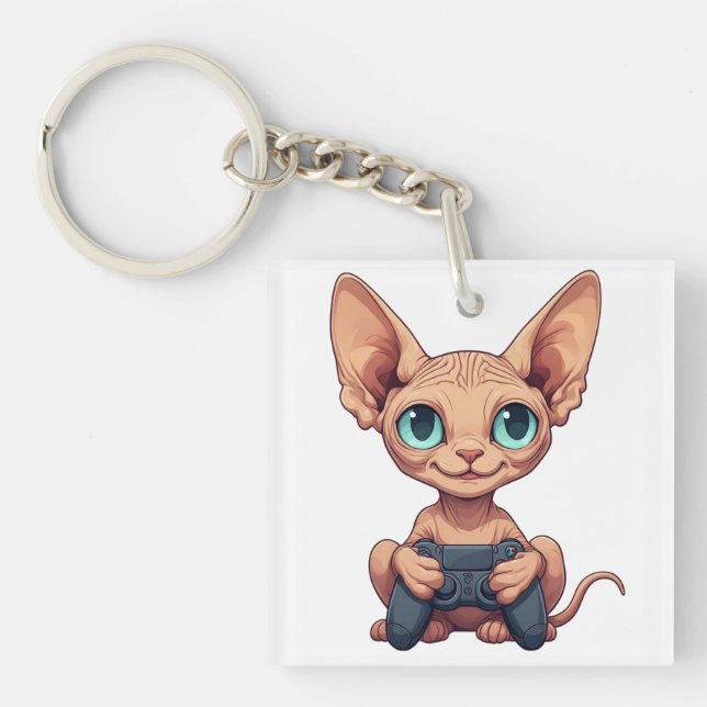 Sphynx Cat Holding Game Controller Keychain (Front)