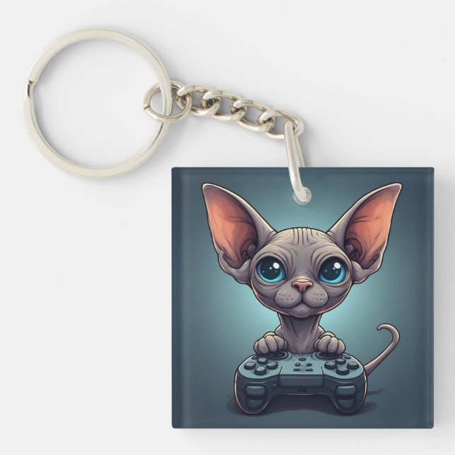 Sphynx Cat Holding Game Controller Keychain (Front)