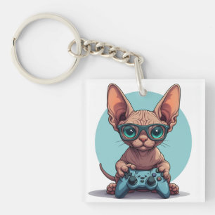 Sphynx Cat Holding Game Controller Keychain
