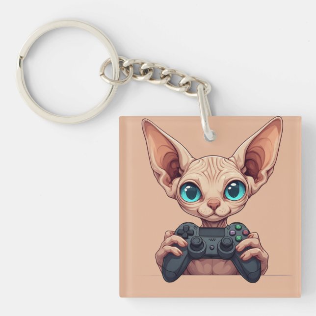 Sphynx Cat Holding Game Controller Keychain (Front)