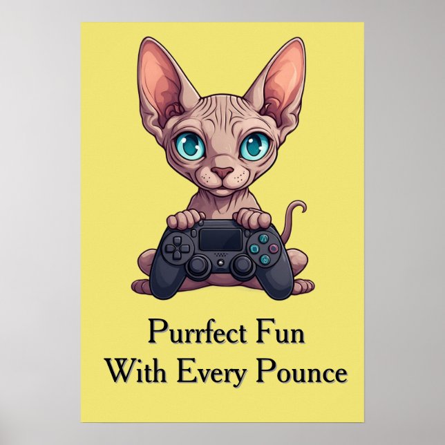 Sphynx Cat Holding Game Controller Poster (Front)