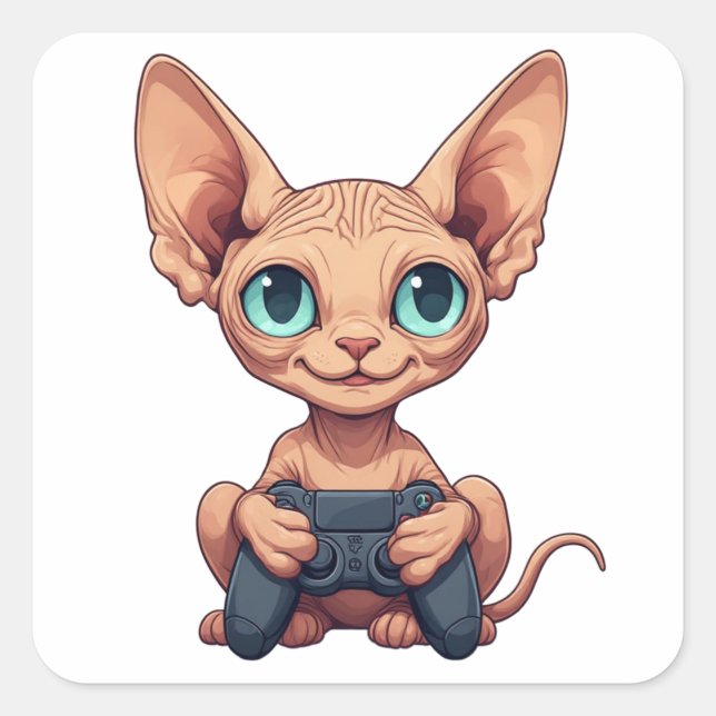 Sphynx Cat Holding Game Controller Square Sticker (Front)
